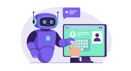 Poster - Friendly robot assisting with computer login in modern flat design