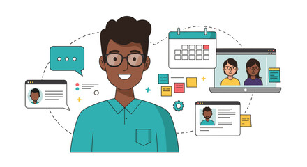 Poster - Remote work communication: diverse team in virtual meeting with calendar and chat interface