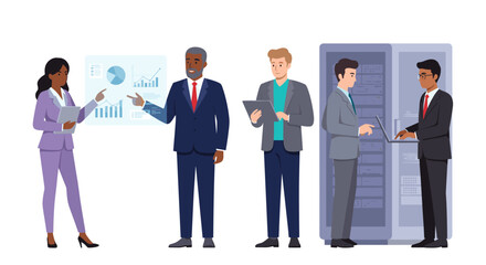 Poster - Business team analyzing data in server room with diverse professionals