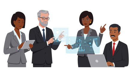 Poster - Collaborative business team discussing digital data with holographic displays