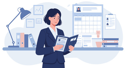 Poster - Office recruitment process with professional woman reading candidate profiles