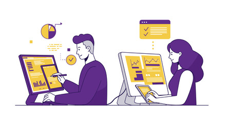 Poster - Flat design team analyzing data on computers with infographics