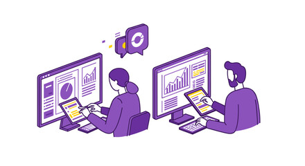 Poster - Team collaboration in business concept with isometric design and digital interface