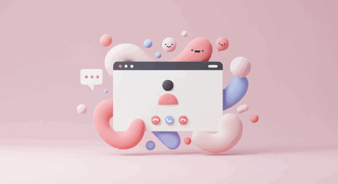 A 3D rendered illustration of a website interface with abstract shapes and a user icon.