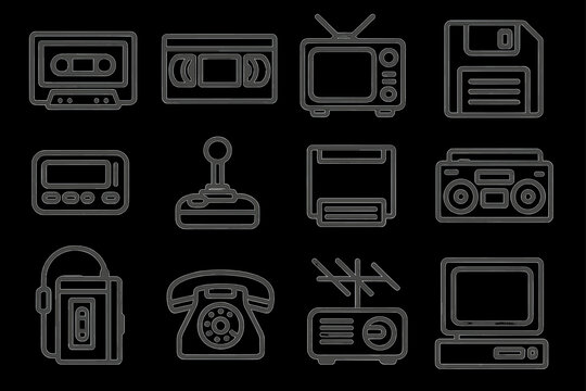 Collection of retro technology icons: cassette, vinyl, tv, floppy, radio, computer