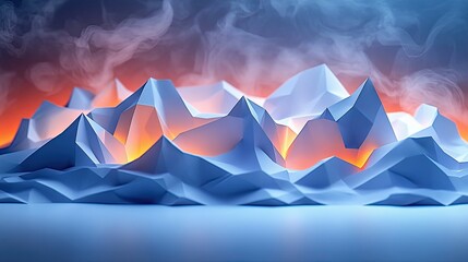 Fototapete - Abstract landscape of sculpted, polygonal mountains illuminated by warm light.