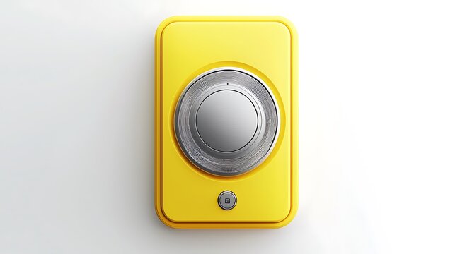 A yellow device with a circular silver dial on a white background surface