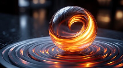 Fototapete - Fiery sphere on a metallic circular base.