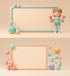 © Svetlana Kulakova - A double postcard depicting a cute 3D girl with dumbbells and fitness accessories with an empty space for a text about health.