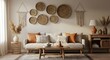 © Tozuzu - Living room interior featuring a sofa with pillows, decorative wall baskets, macrame hangings, and side tables with vases and lamps.