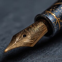 detailed close-up of a fountain pen nib with elegant design.