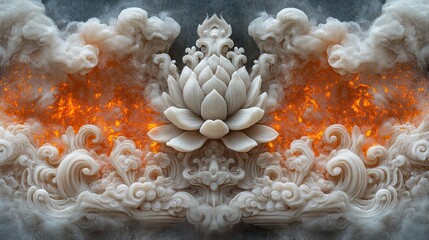 Fototapete - Ornamental lotus flower design amidst smoke and flames.
