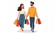 © li - Couple of happy modern man and woman walking together with shopping bags. Young smiling people carrying purchases from sale. Colored flat graphic vector illustration isolated on white background