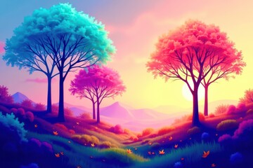 Aufkleber - A colorful forest with a blue tree in the middle