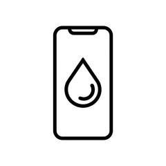 Poster - Simple black line drawing of a modern smartphone featuring a prominent water drop icon centered on the screen, concept for hydration tracking app, waterproof device feature and liquid management