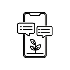 Poster - Minimalist line drawing of a smartphone with a thriving plant sprout on screen, flanked by two message bubbles, concept for digital advisory, online learning platforms and growth focused