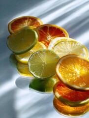 Poster - Bright Citrus Slices Arranged on a Glass Table Reflecting Light, Showcasing a Vibrant Arrangement With an Empty Upper Third Space