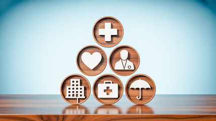 Aufkleber - A 3D rendering of six wooden circular icons arranged in a triangular pyramid formation on a dark wooden surface against a light blue gradient background.