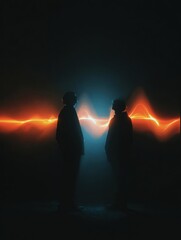 Poster - Two Silhouettes Illuminated by Glowing Audio Waveform in a Dark Environment With Vibrant Colors