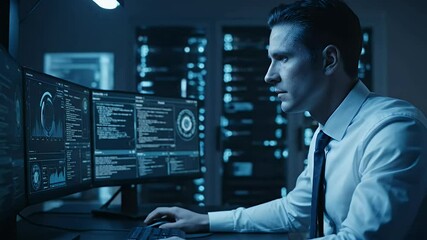 A focused programmer meticulously analyzes complex code on multiple monitors in a dimly lit server room.