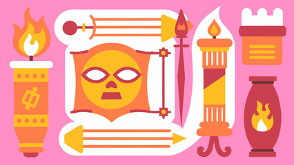 Poster - A collection of stylized illustrations featuring flames, faces, and geometric shapes on pink background created with generated ai