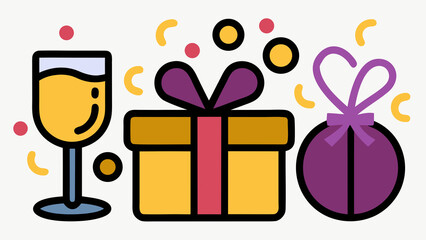 Poster - Illustration of a champagne glass gift box and wrapped present with confetti on a white background created with generated ai