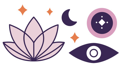 Poster - Illustration of a lotus flower, crescent moon, stars, eye, and circle design on a white background created with generated ai