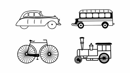 Poster - Black and white line drawings of a car, bus, bicycle, and train on a white background surface created with generated ai
