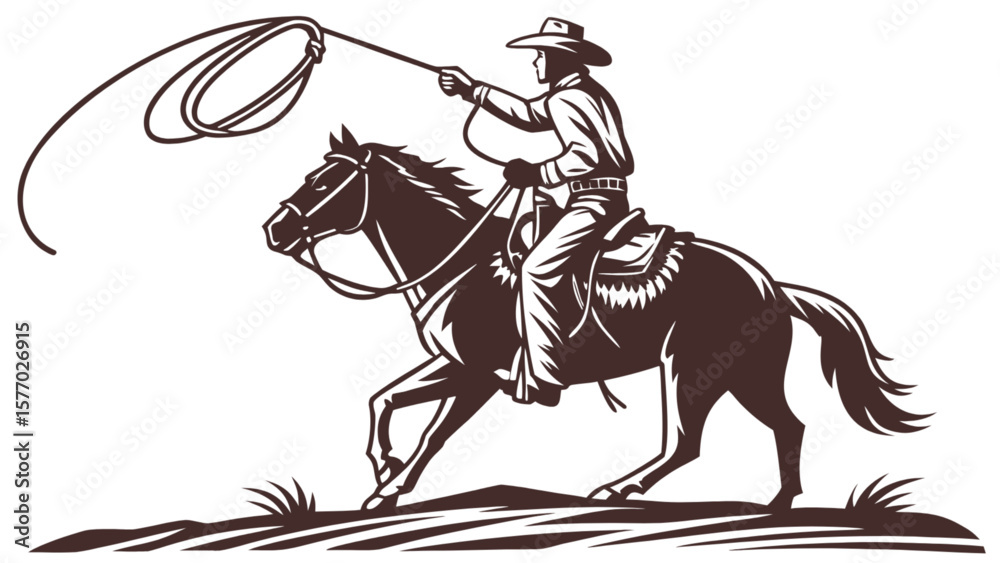 Vintage cowboy riding horse with lasso vector illustration for western themed design and decoration projects