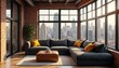 © miss irine - Modern living room with L-shaped couch, coffee table, gray rug, beige armchair, floor lamp, single yellow throw pillow, two gray throw pillows. Single mug on coffee table. City skyline view through