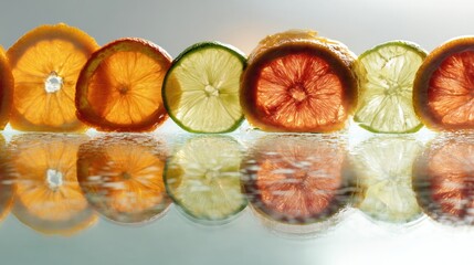 Poster - Bright Citrus Slices Reflecting on Glass Table With Empty Space Above Them During Daytime