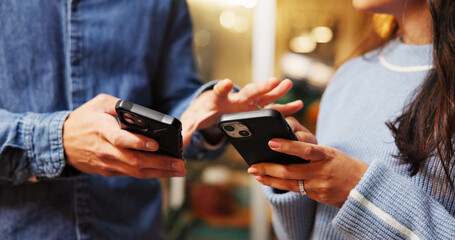 cellphone, networking and hands of couple with texting in coffee shop for contact on mobile app. tec