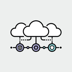 Poster - Three White Clouds Connected Data Cube Gear Security Shield Minimalist Vector Illustration Light Purple Teal Grey Background