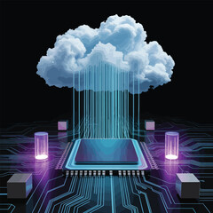 Poster - 3 D Render Stylized Cloud Data Transfer to Central Processing Unit on Circuit Board Glowing Purple Cyan Elements Dark Background