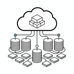 Fototapete - Abstract Black and Teal Cloud Computing Data Storage System Illustration Featuring a Cloud Icon Connected to Multiple Servers and Data Cubes via Lines Depicting Data Transfer