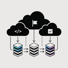 Poster - Abstract Black White Blue Purple Gradient Cloud Computing System Illustration Three Servers Data Transfer Multi Environment System Design Showing Three Servers Receiving Data