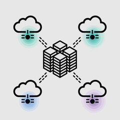 Poster - Abstract Data Center Network Visualization Four Pastel Clouds Connected Central Server Cluster Black Outline Teal Purple Blue Gradient
