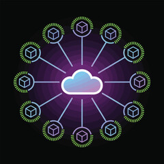 Poster - Abstract Data Network Graphic Purple Gradient Background Twelve Cubes Connected Central Cloud Icon Data Storage Concept Digital Vector Illustration Twelve Cubes Surround