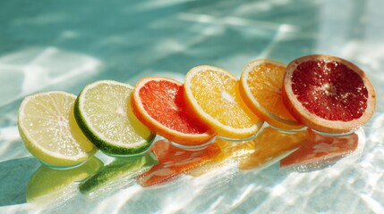 Poster - Bright Citrus Slices Arranged on a Glass Table Reflecting Light With an Empty Space Above Creating a Vibrant and Fresh Fruit Display
