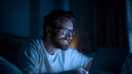 Poster - A man with glasses is sitting on a bed and looking at a laptop. The room is dark, and the man is focused on his work