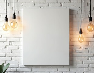 Poster - White brick wall with rectangular canvas featuring yellow lightbulbs in triangular pattern. Three lightbulbs hang from strings casting soft glow on surrounding area. Two additional lightbulbs