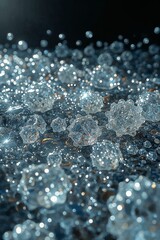 Poster - A close up view of many clear crystal like spheres scattered on a dark surface with bright sparkles