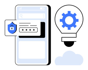 smartphone interface with password entry shield, gear inside lightbulb, and cloud accent. ideal for 