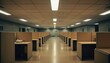 © miss irine - Office interior with rows of wood desks, high ceiling, gray floor, and large window allowing natural light. Desks are aligned and facing forward, creating sense of order and symmetry.