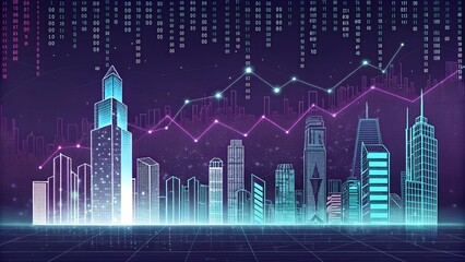 Aufkleber - Futuristic city skyline with glowing buildings and data streams above the cityscape view