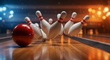 A red bowling ball strikes pins, scattering them across the wooden lane.