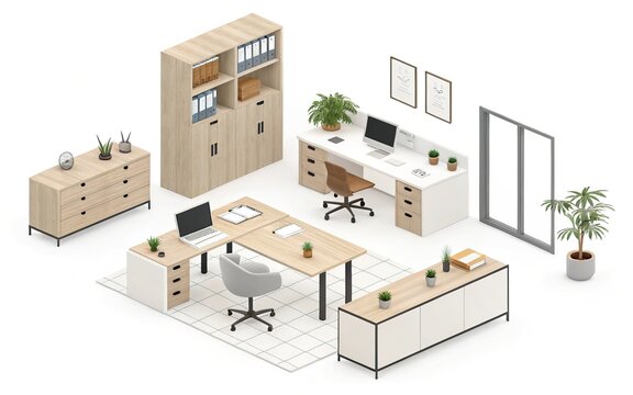Modern Office Furniture Set with Desks Storage and Decor on White Background