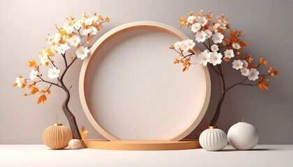 Poster - Elegant seasonal decor display with cherry blossom trees minimalist studio still life calm environment centered view aesthetic concept