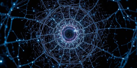 Poster - Abstract tunnel of glowing blue networks converging towards a central dark circular vortex point