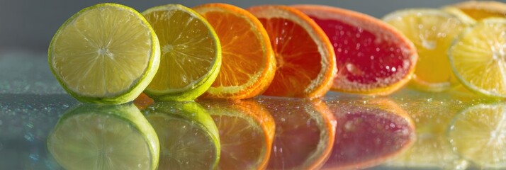 Poster - Bright Citrus Slices Create a Vibrant Display on a Glass Table With Light Reflections During Daytime